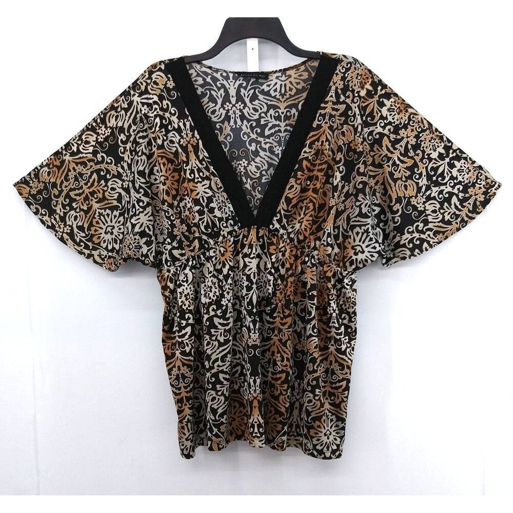 American City Wear Blouse Women Size XL Brown Black Floral Kimono Sleeve V-Neck